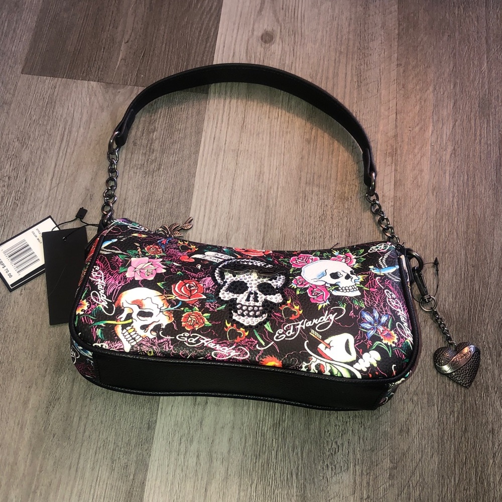 Ed Hardy Black Multi All Over Floral & Skull Tattoo Print Crossbody Bag NWT
